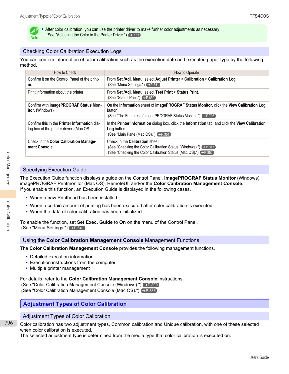 Adjustment types of color calibration, Specifying execution guide, P.796 | Canon imagePROGRAF iPF8400S User Manual | Page 796 / 1004