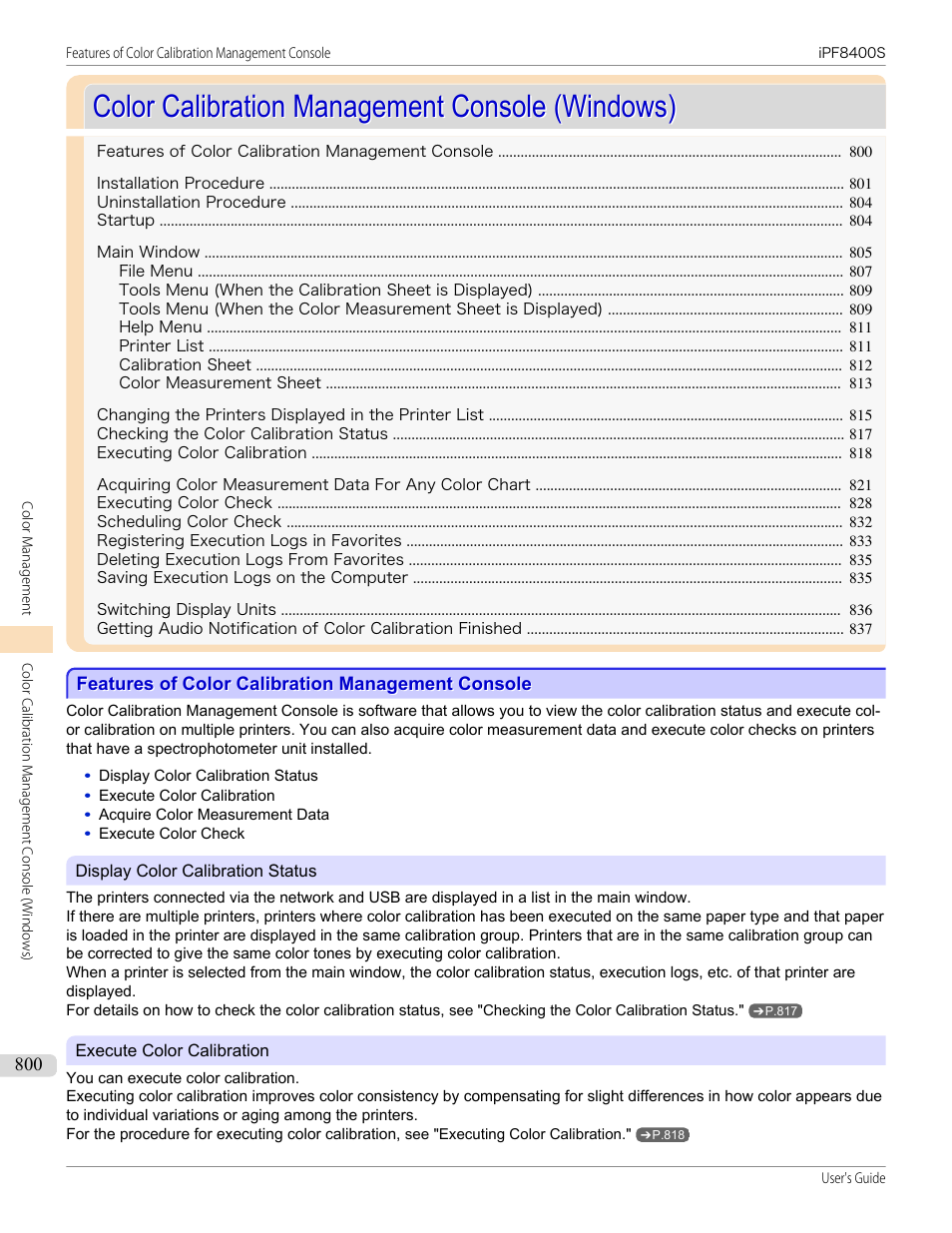 Color calibration management console (windows), Features of color calibration management console, Color calibration management console | P.800 | Canon imagePROGRAF iPF8400S User Manual | Page 800 / 1004