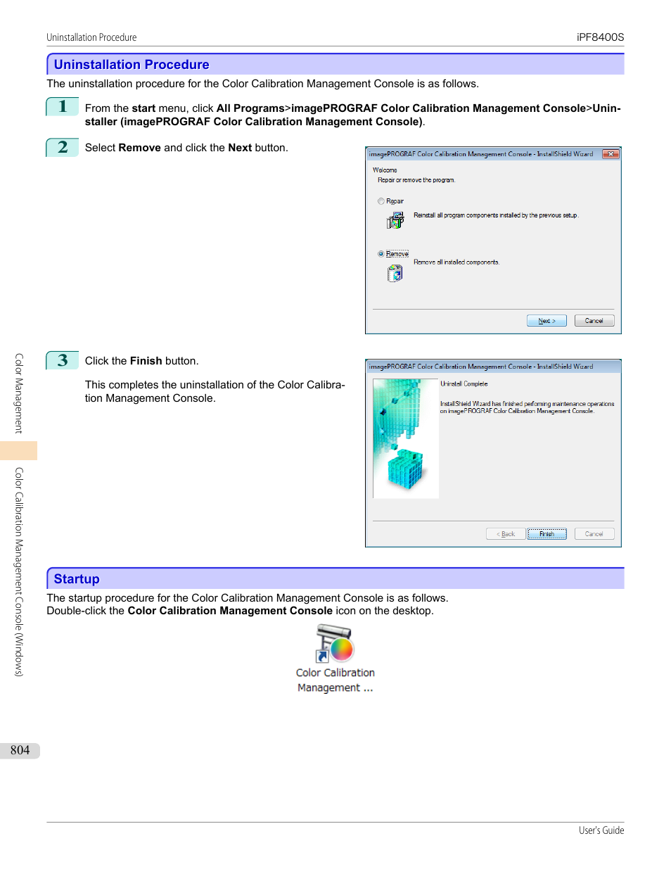 Uninstallation procedure, Startup | Canon imagePROGRAF iPF8400S User Manual | Page 804 / 1004