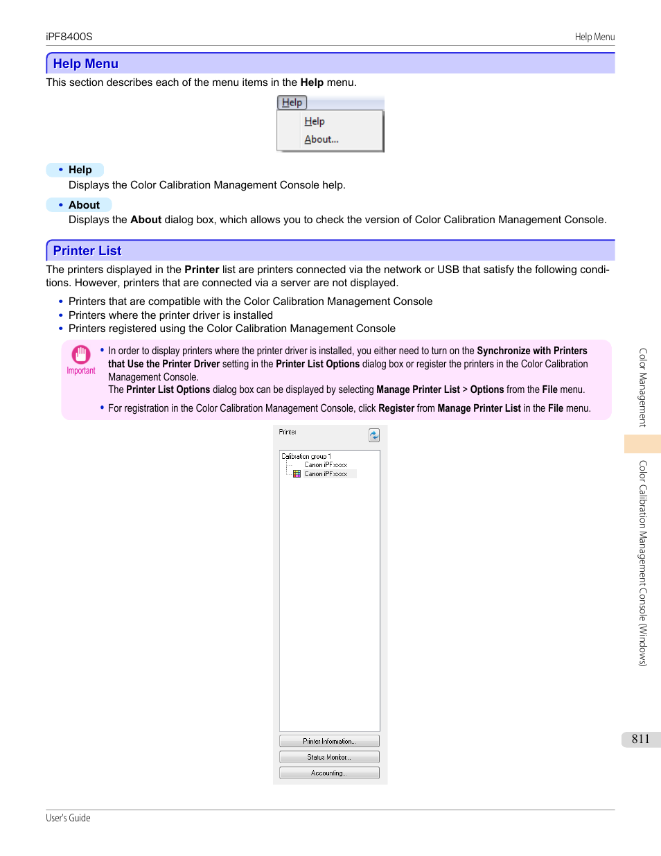 Help menu, Printer list, Help menu printer list | P.811 | Canon imagePROGRAF iPF8400S User Manual | Page 811 / 1004
