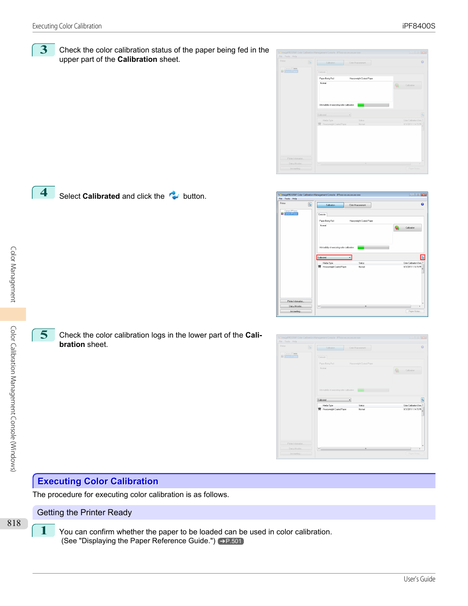 Executing color calibration, See "executing color calibration (windows)."), P.818 | See "executing color calibration | Canon imagePROGRAF iPF8400S User Manual | Page 818 / 1004