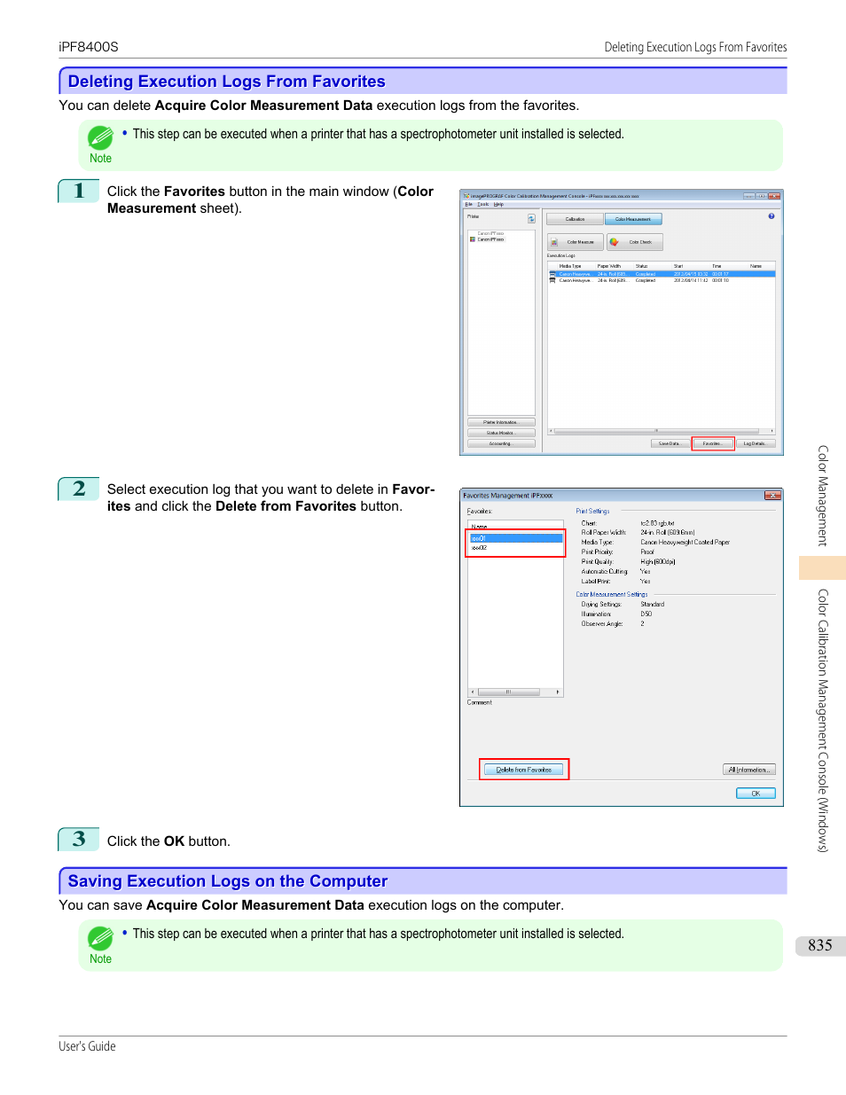Deleting execution logs from favorites, Saving execution logs on the computer | Canon imagePROGRAF iPF8400S User Manual | Page 835 / 1004
