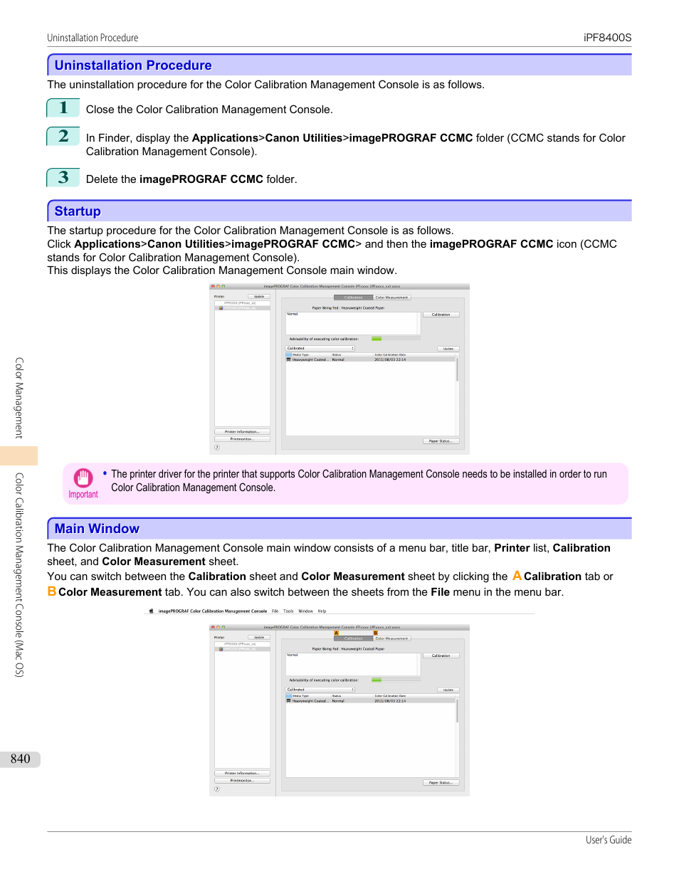 Uninstallation procedure, Startup, Main window | Uninstallation procedure startup main window | Canon imagePROGRAF iPF8400S User Manual | Page 840 / 1004