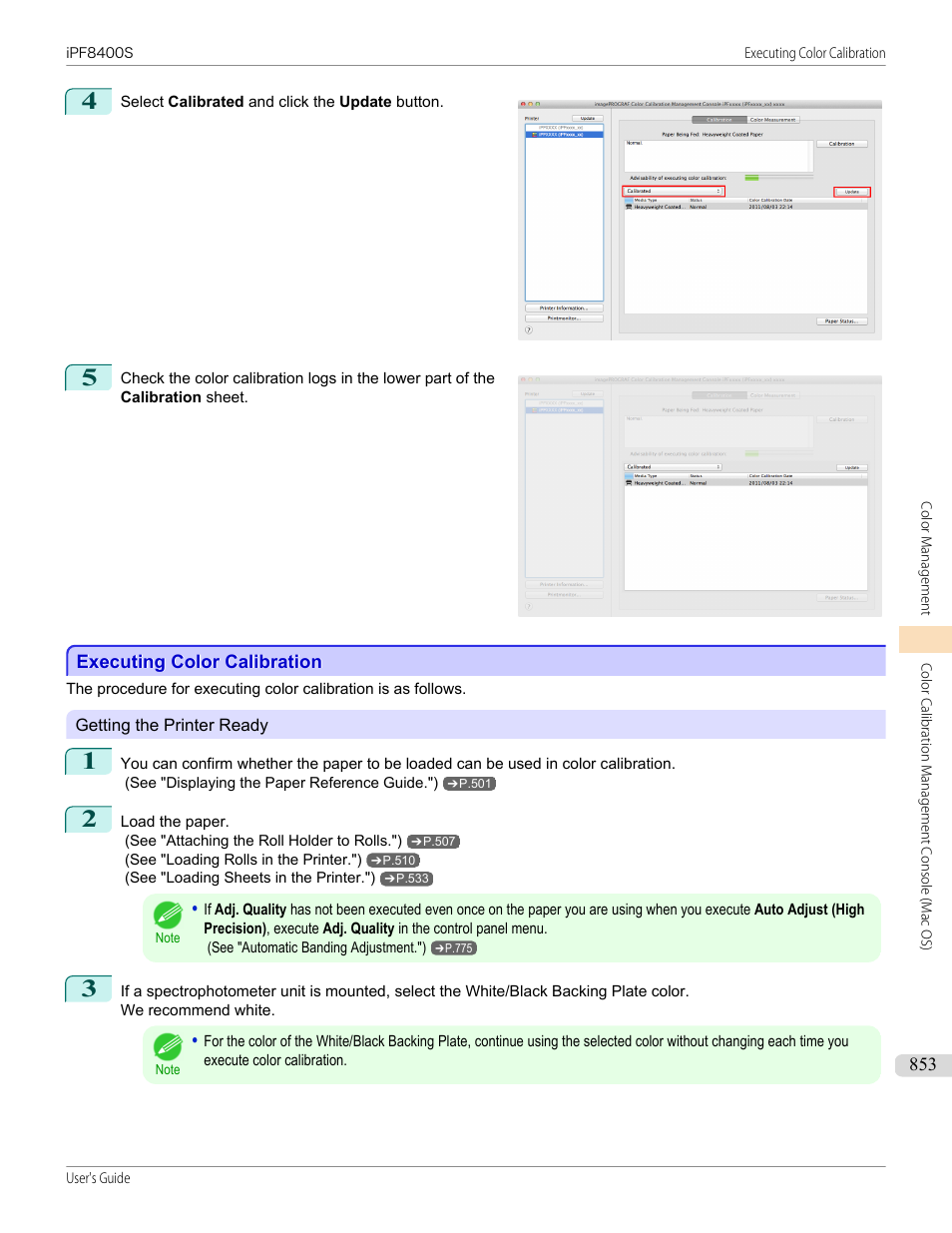 Executing color calibration, See "executing color calibration (mac os)."), P.853 | See "executing color calibration | Canon imagePROGRAF iPF8400S User Manual | Page 853 / 1004