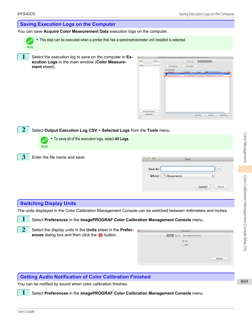 Saving execution logs on the computer, Switching display units | Canon imagePROGRAF iPF8400S User Manual | Page 869 / 1004