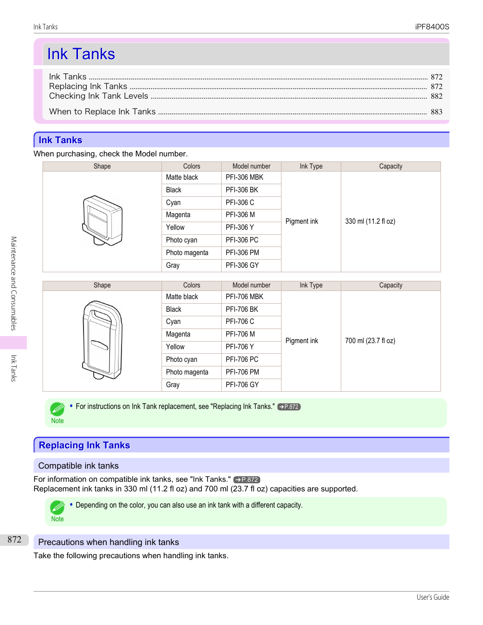 Ink tanks, Replacing ink tanks, Ink tanks replacing ink tanks | See "replacing ink tanks, P.872 | Canon imagePROGRAF iPF8400S User Manual | Page 872 / 1004