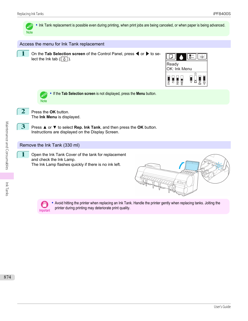 P.874, Otherwise, open the ink tank cover.), Remove the ink tank (330 ml) | Canon imagePROGRAF iPF8400S User Manual | Page 874 / 1004