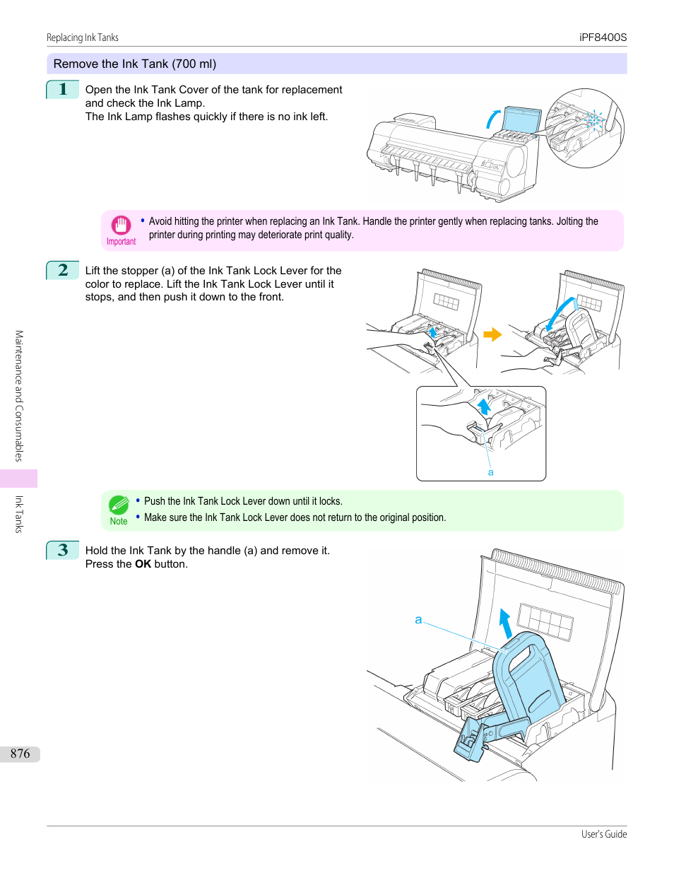 Remove the ink tank (700 ml), P.876 | Canon imagePROGRAF iPF8400S User Manual | Page 876 / 1004