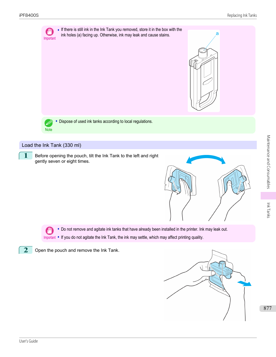 Load the ink tank (330 ml), P.877 | Canon imagePROGRAF iPF8400S User Manual | Page 877 / 1004