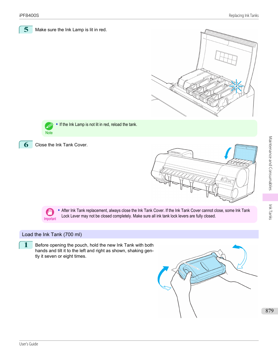 Load the ink tank (700 ml), P.879 | Canon imagePROGRAF iPF8400S User Manual | Page 879 / 1004