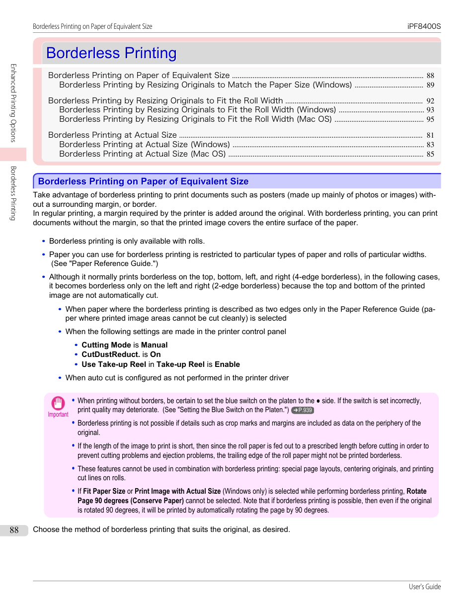 Borderless printing, Borderless printing on paper of equivalent size, P.88 | Canon imagePROGRAF iPF8400S User Manual | Page 88 / 1004