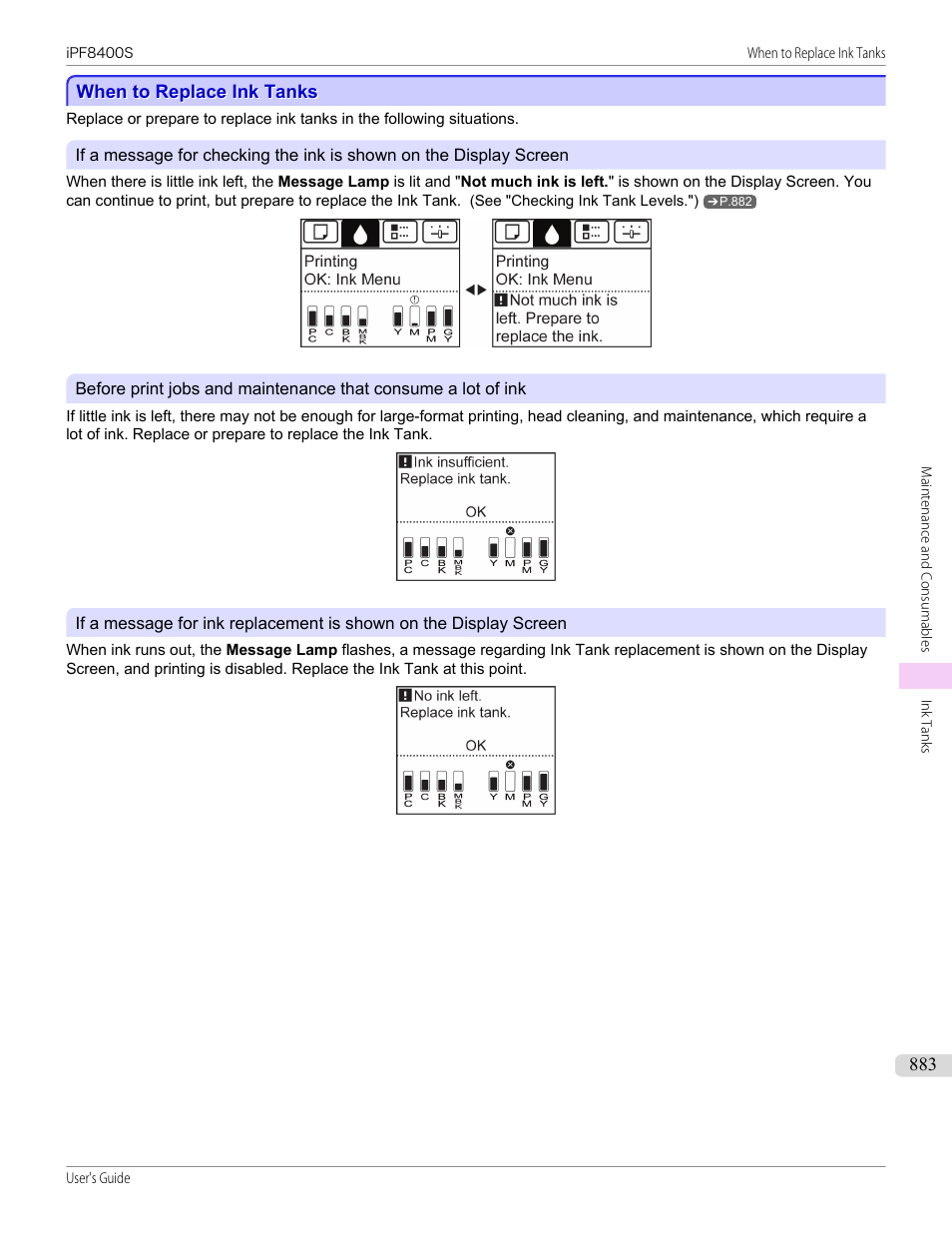 When to replace ink tanks, P.883 | Canon imagePROGRAF iPF8400S User Manual | Page 883 / 1004