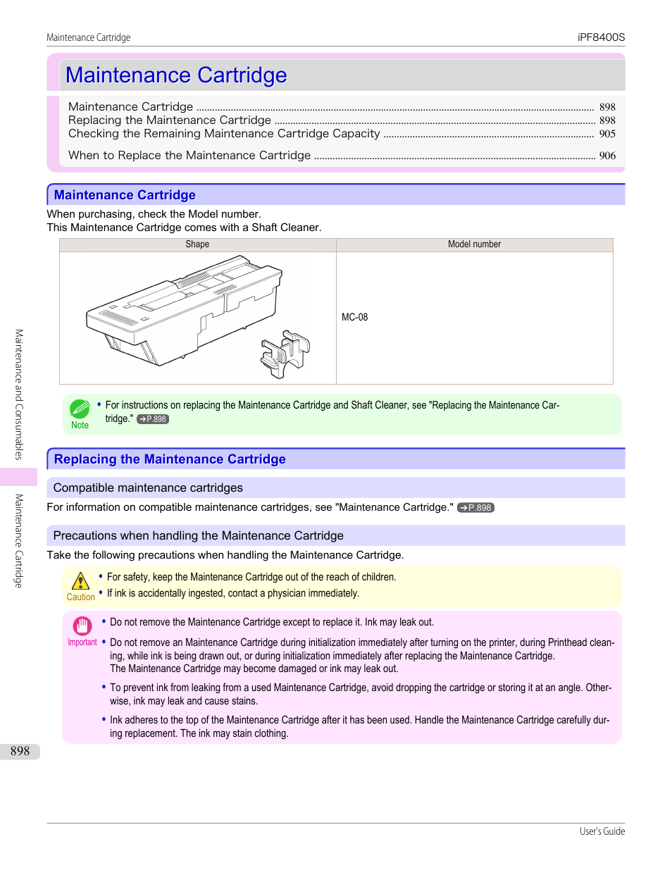 Maintenance cartridge, Replacing the maintenance cartridge, See "replacing the maintenance cartridge.") | P.898, See "replacing the mainte- nance cartridge.") | Canon imagePROGRAF iPF8400S User Manual | Page 898 / 1004