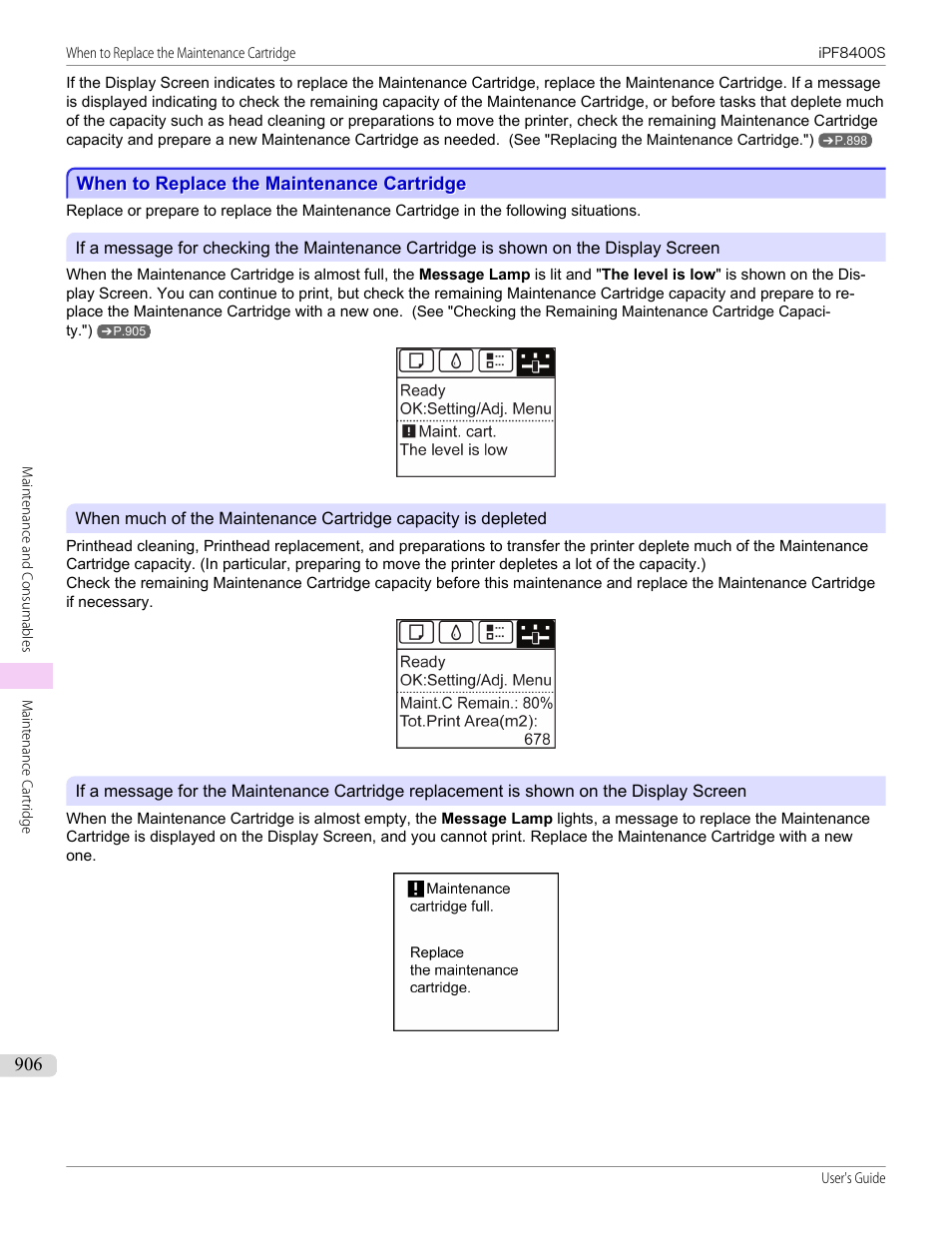 When to replace the maintenance cartridge | Canon imagePROGRAF iPF8400S User Manual | Page 906 / 1004