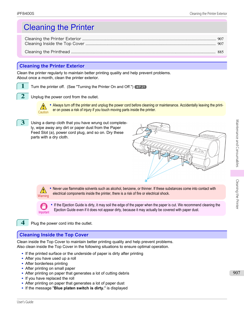 Cleaning the printer, Cleaning the printer exterior, Cleaning inside the top cover | See "cleaning inside the top cover."), P.907 | Canon imagePROGRAF iPF8400S User Manual | Page 907 / 1004