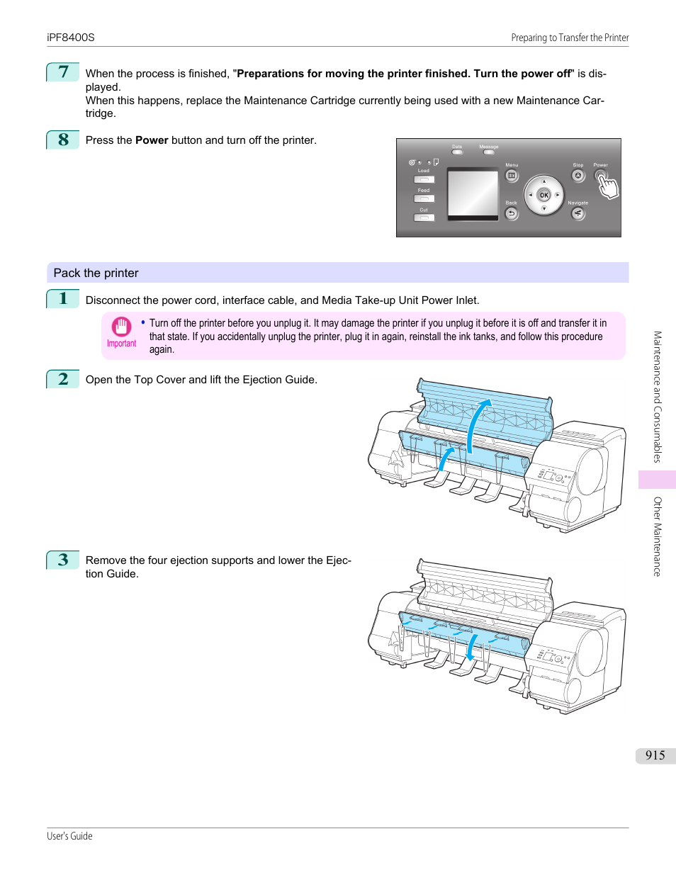 See "pack the printer."), P.915 | Canon imagePROGRAF iPF8400S User Manual | Page 915 / 1004