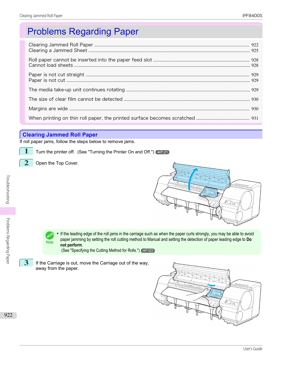Problems regarding paper, Clearing jammed roll paper | Canon imagePROGRAF iPF8400S User Manual | Page 922 / 1004