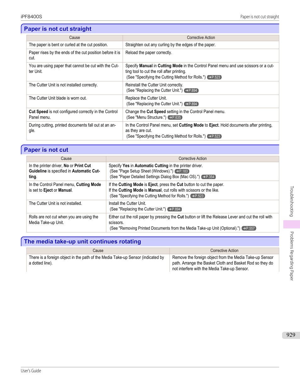 Paper is not cut straight, Paper is not cut, The media take-up unit continues rotating | Canon imagePROGRAF iPF8400S User Manual | Page 929 / 1004