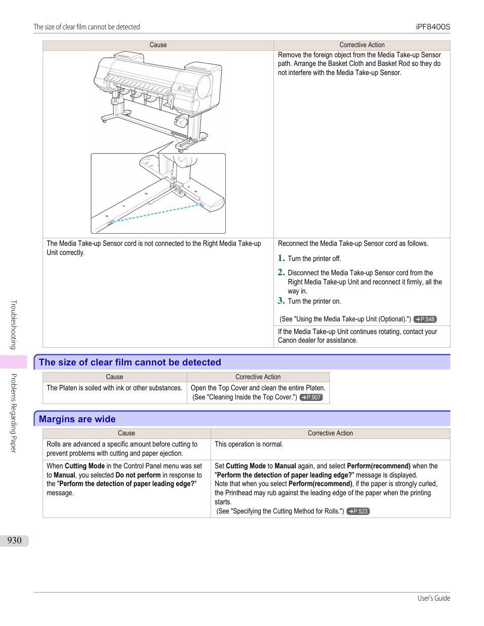 The size of clear film cannot be detected, Margins are wide | Canon imagePROGRAF iPF8400S User Manual | Page 930 / 1004
