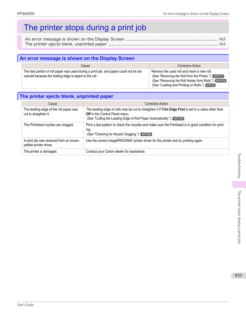The printer stops during a print job, An error message is shown on the display screen, The printer ejects blank, unprinted paper | Canon imagePROGRAF iPF8400S User Manual | Page 933 / 1004