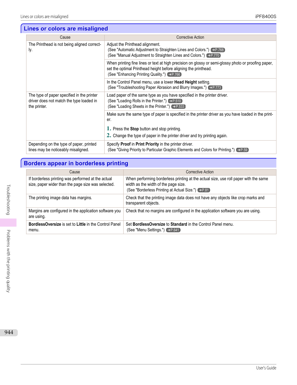 Lines or colors are misaligned, Borders appear in borderless printing | Canon imagePROGRAF iPF8400S User Manual | Page 944 / 1004