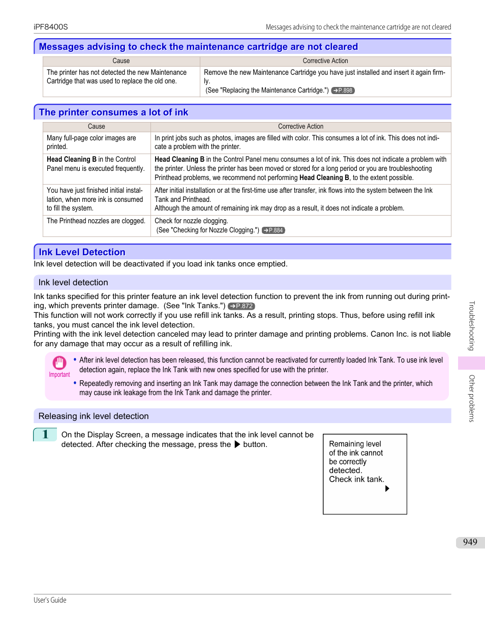 The printer consumes a lot of ink, Ink level detection | Canon imagePROGRAF iPF8400S User Manual | Page 949 / 1004