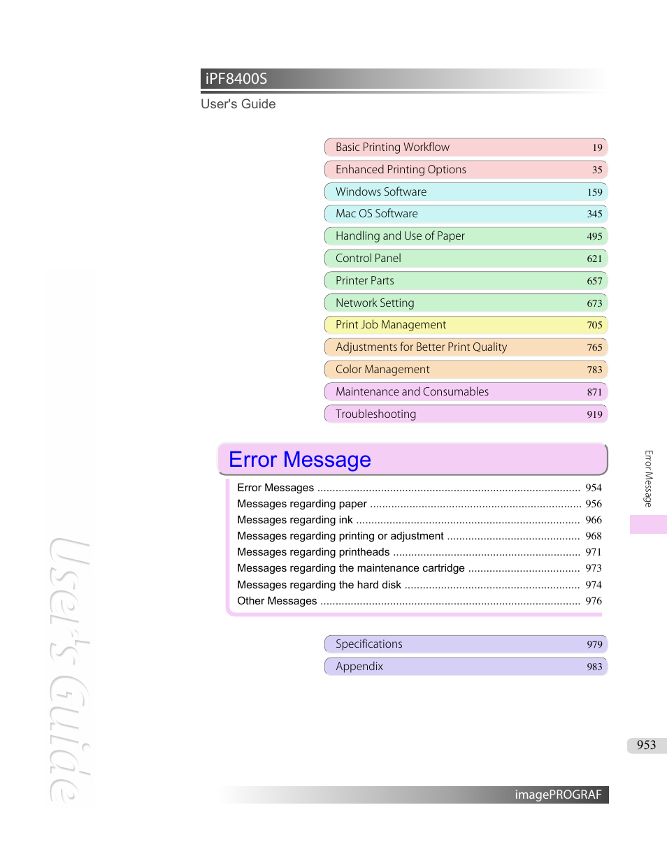 Error message, Ipf8400s | Canon imagePROGRAF iPF8400S User Manual | Page 953 / 1004