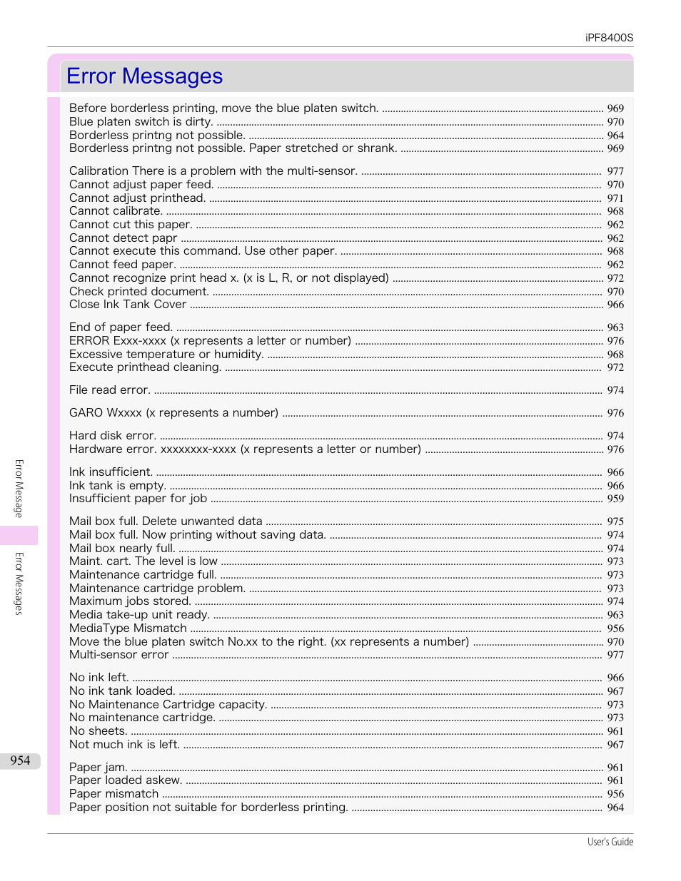 Error messages, See "error messages, P.954 | See "error messages.") | Canon imagePROGRAF iPF8400S User Manual | Page 954 / 1004