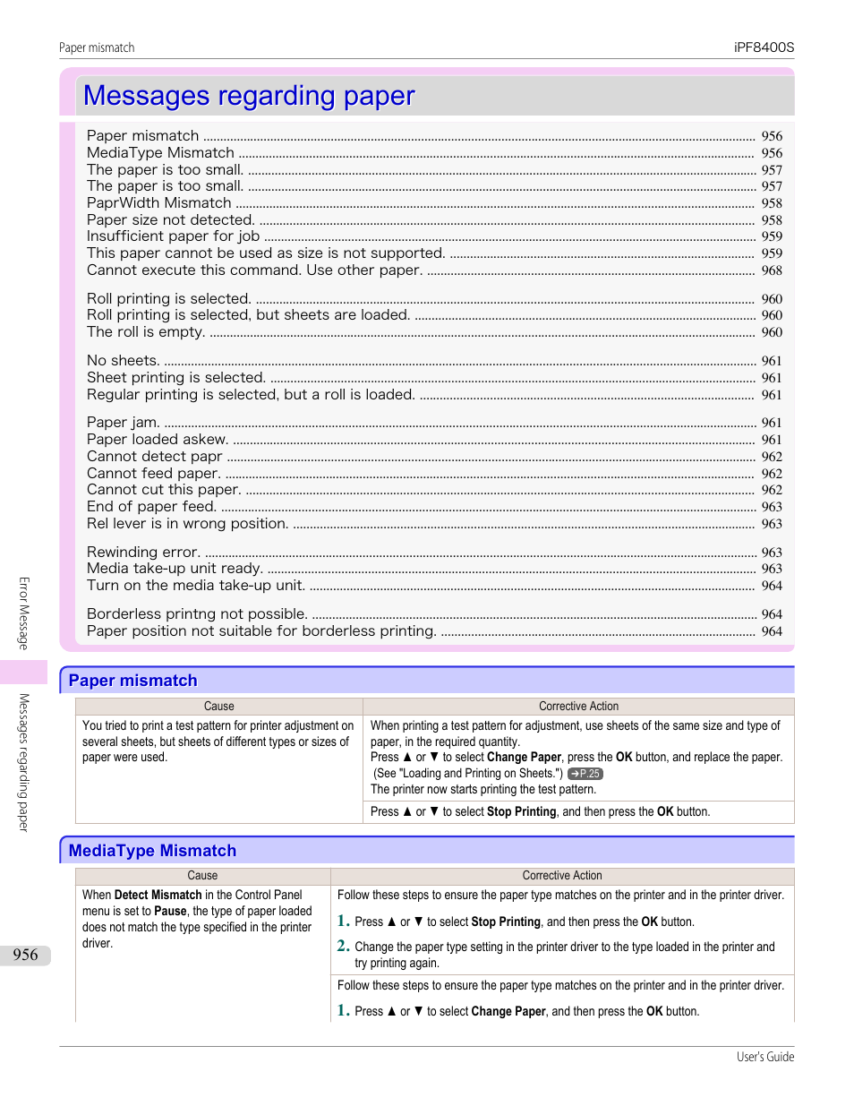 Messages regarding paper, Paper mismatch, Mediatype mismatch | Paper mismatch mediatype mismatch | Canon imagePROGRAF iPF8400S User Manual | Page 956 / 1004