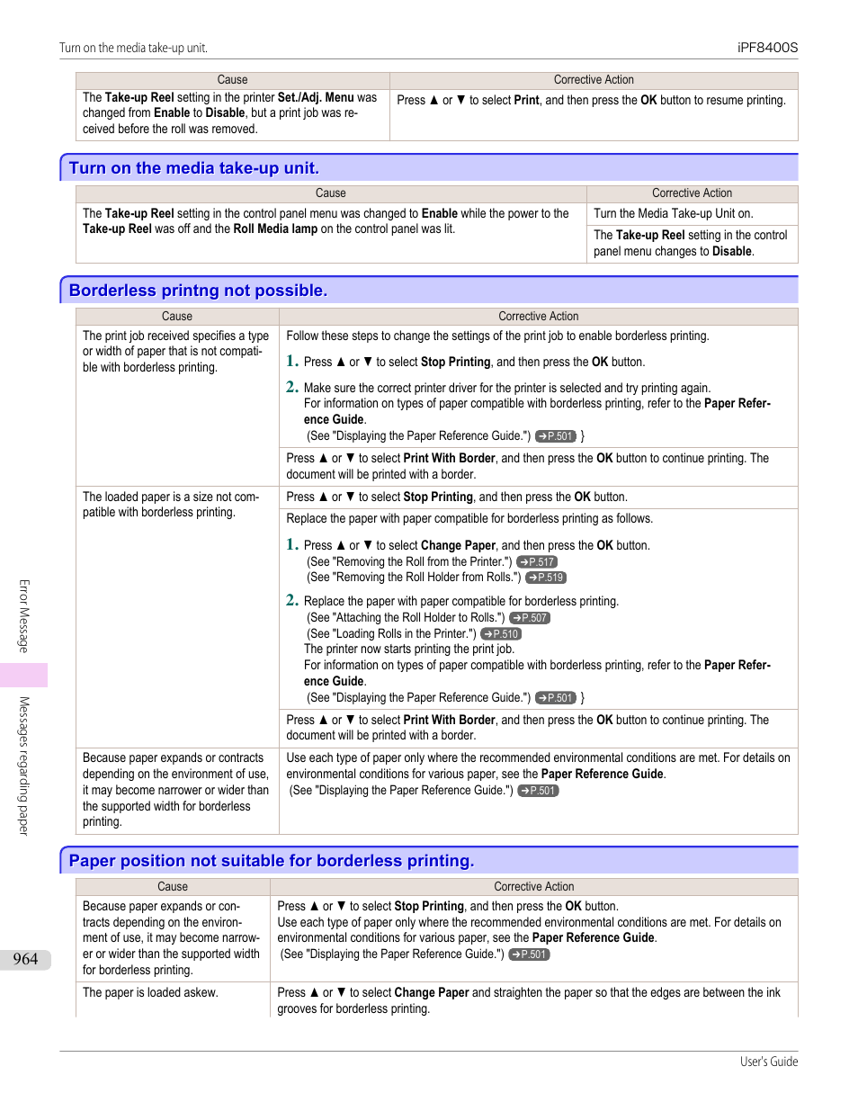 Turn on the media take-up unit, Borderless printng not possible | Canon imagePROGRAF iPF8400S User Manual | Page 964 / 1004