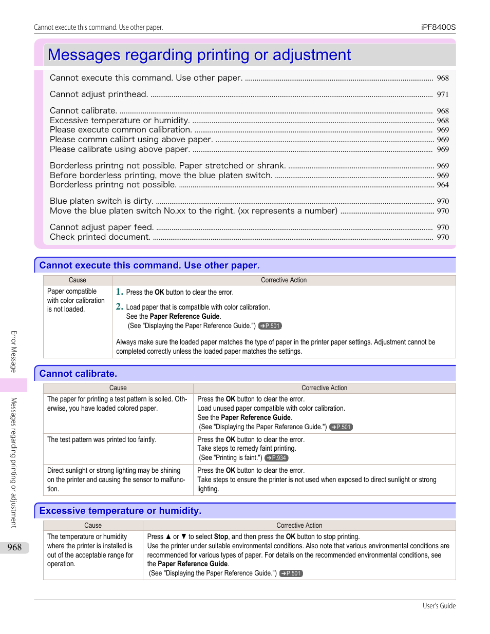Messages regarding printing or adjustment, Cannot execute this command. use other paper, Cannot calibrate | Excessive temperature or humidity | Canon imagePROGRAF iPF8400S User Manual | Page 968 / 1004