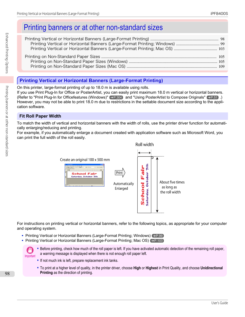 Printing banners or at other non-standard sizes, P.98 | Canon imagePROGRAF iPF8400S User Manual | Page 98 / 1004