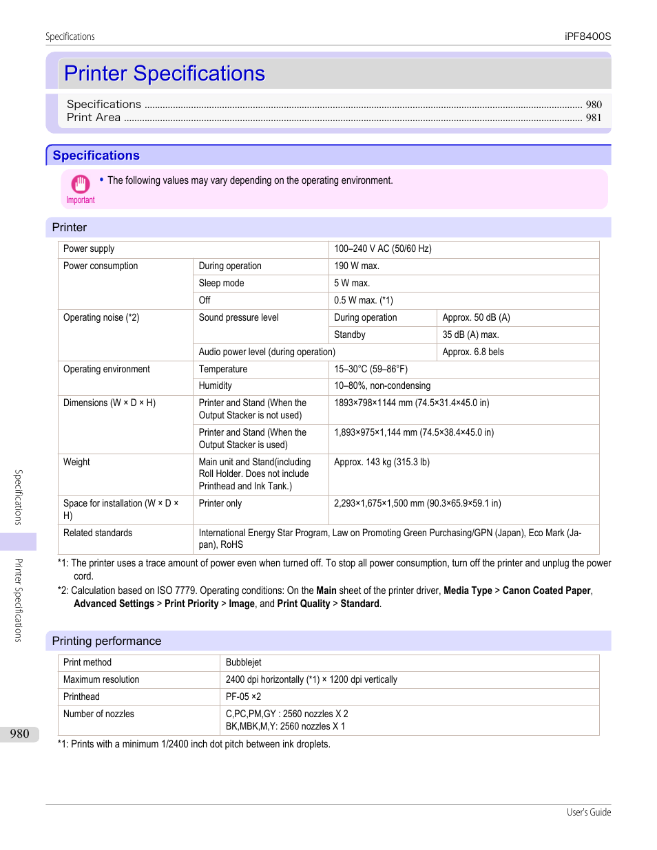 Printer specifications, Specifications, See "specifications.") | P.980 | Canon imagePROGRAF iPF8400S User Manual | Page 980 / 1004
