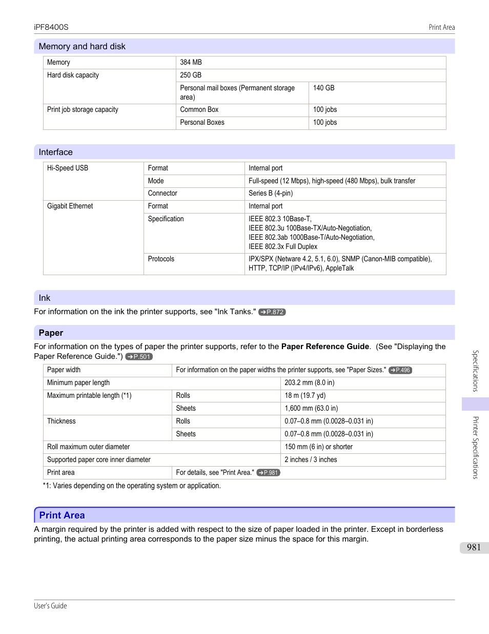Print area, See "print area."), P.981 | Canon imagePROGRAF iPF8400S User Manual | Page 981 / 1004