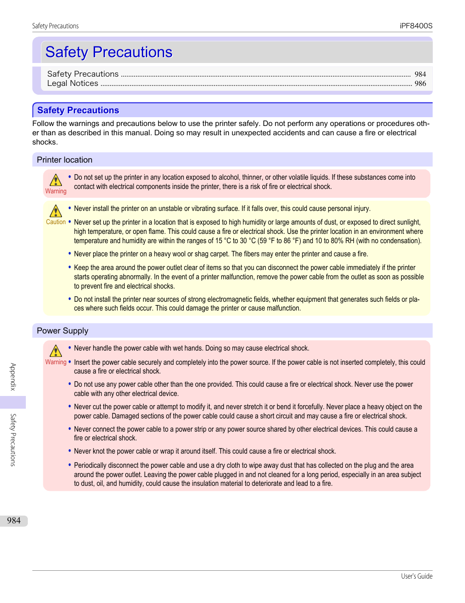 Safety precautions | Canon imagePROGRAF iPF8400S User Manual | Page 984 / 1004