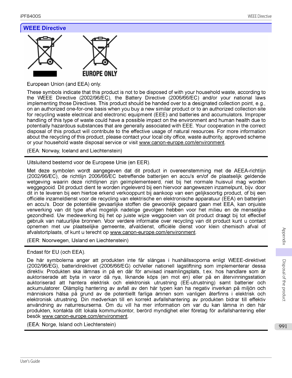 Weee directive | Canon imagePROGRAF iPF8400S User Manual | Page 991 / 1004