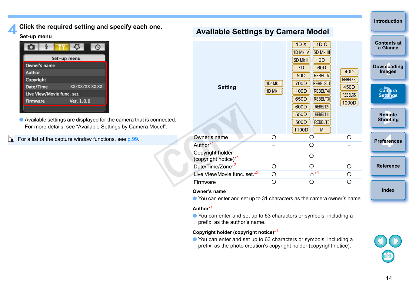 Available settings by camera model, Cop y | Canon EOS Rebel SL1 18-55mm IS STM Lens Kit User Manual | Page 15 / 109