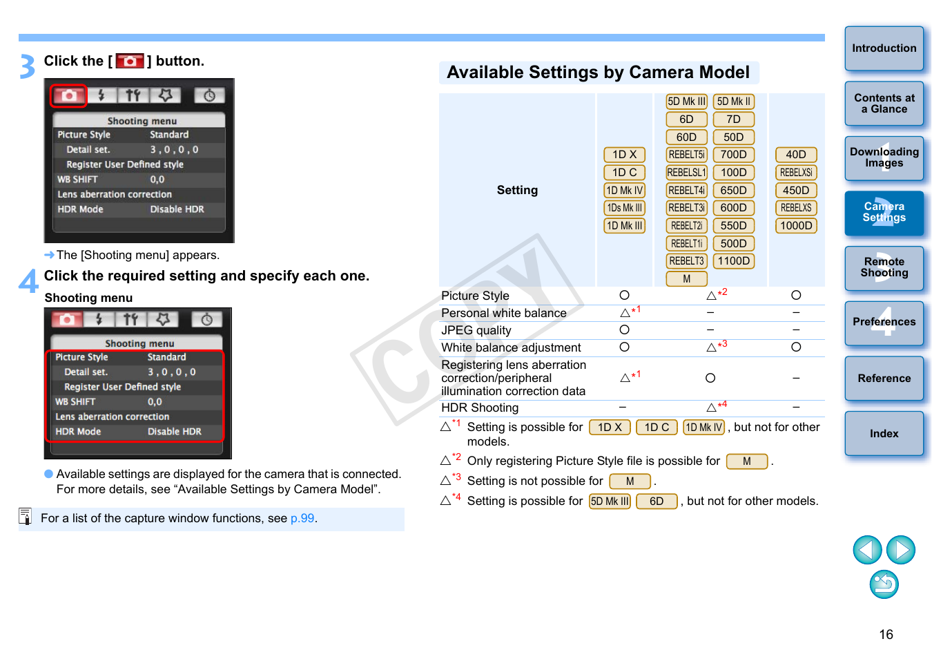 Available settings by camera model, Cop y | Canon EOS Rebel SL1 18-55mm IS STM Lens Kit User Manual | Page 17 / 109