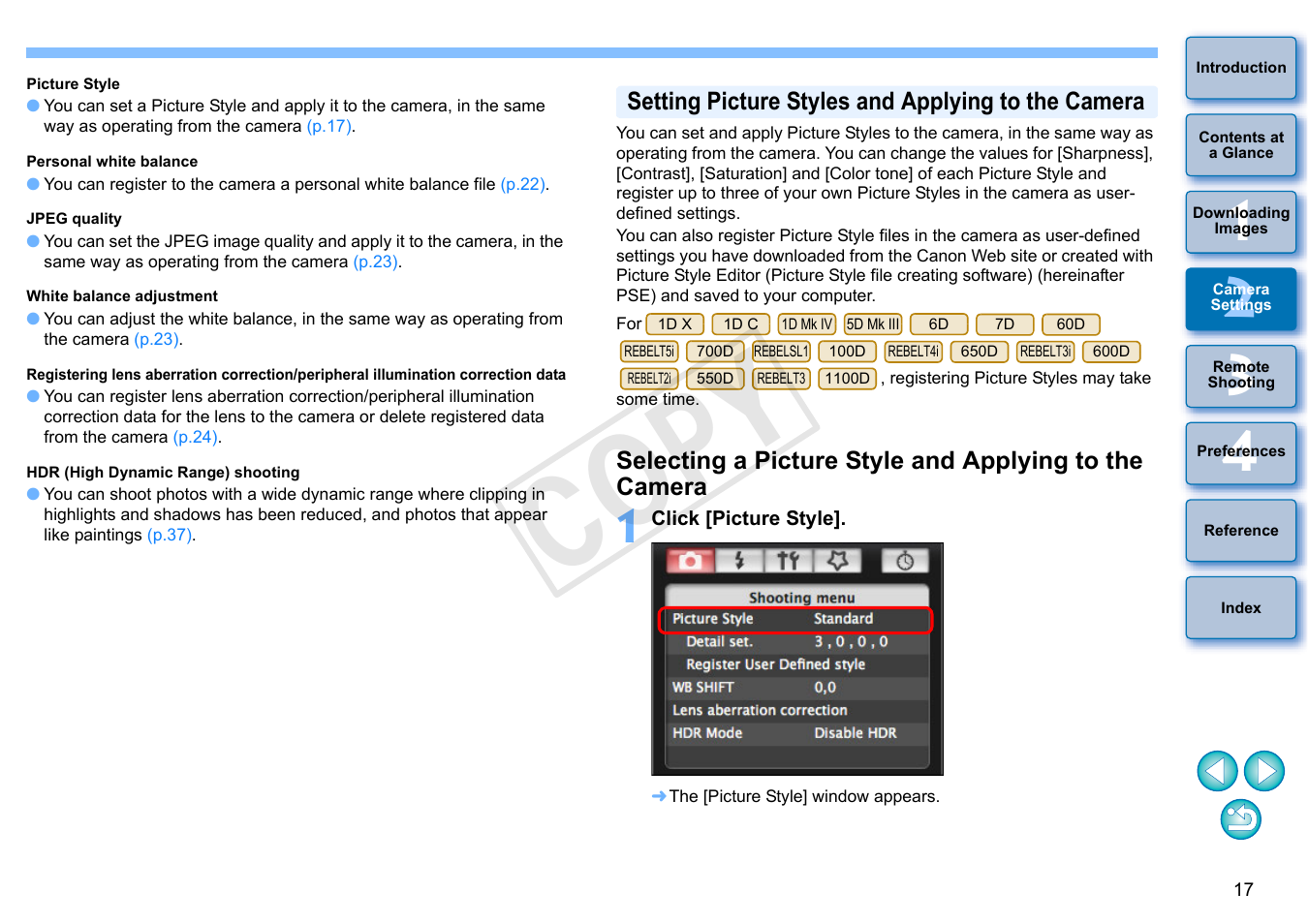 P.17, Setting picture styles and applying to the camera, Cop y | Canon EOS Rebel SL1 18-55mm IS STM Lens Kit User Manual | Page 18 / 109