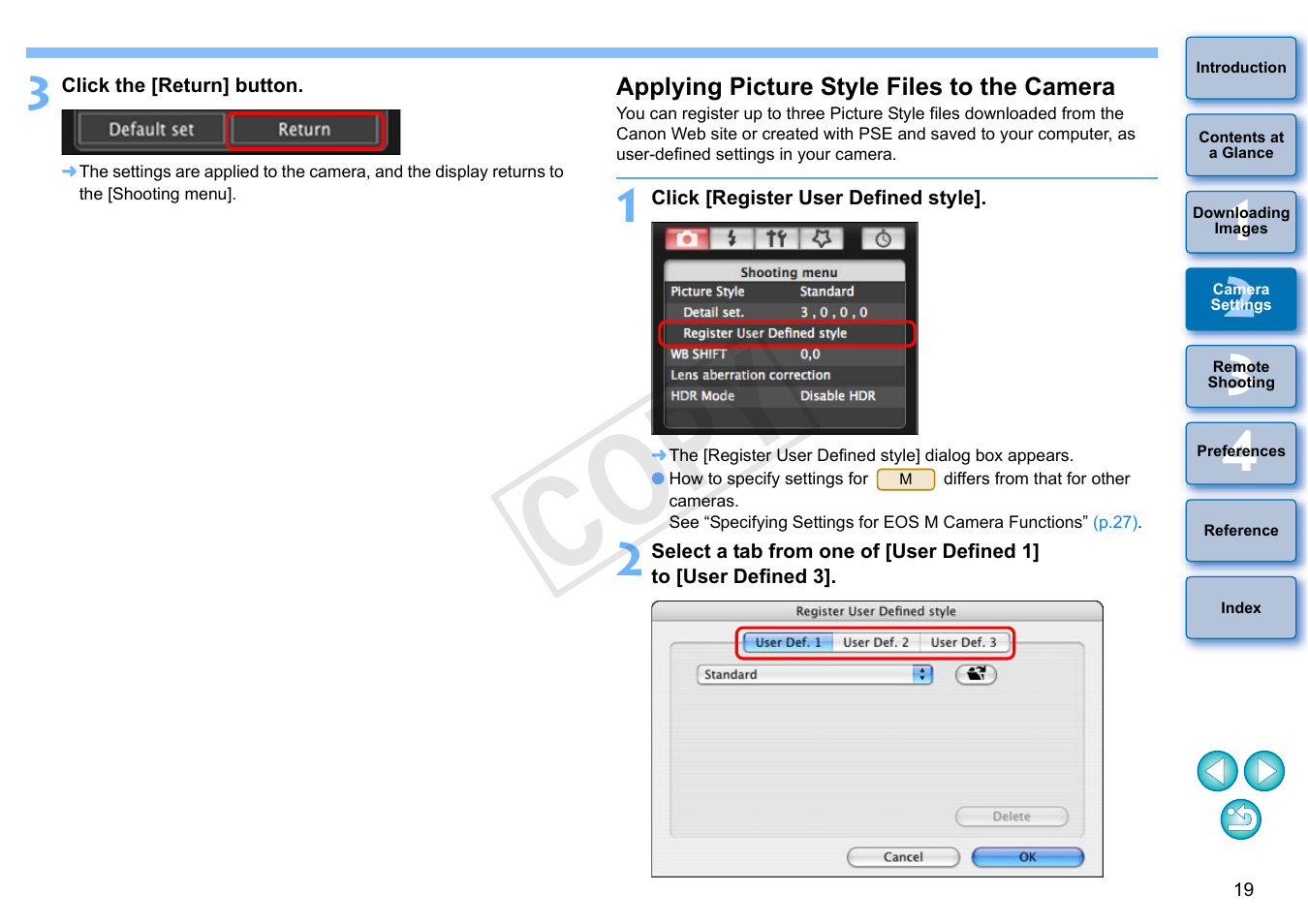P.19, Applying picture style files to the camera, Cop y | Canon EOS Rebel SL1 18-55mm IS STM Lens Kit User Manual | Page 20 / 109