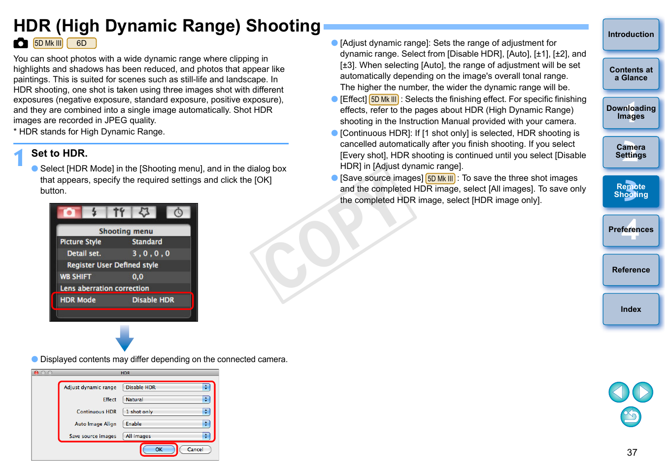 Hdr (high dynamic range) shooting, P.37), Cop y | Canon EOS Rebel SL1 18-55mm IS STM Lens Kit User Manual | Page 38 / 109