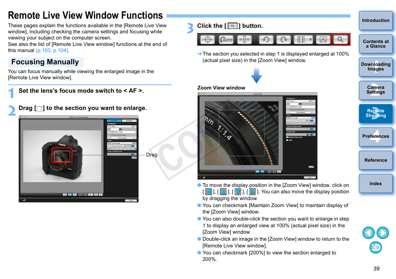 Remote live view window functions, Focusing manually, Cop y | Canon EOS Rebel SL1 18-55mm IS STM Lens Kit User Manual | Page 40 / 109