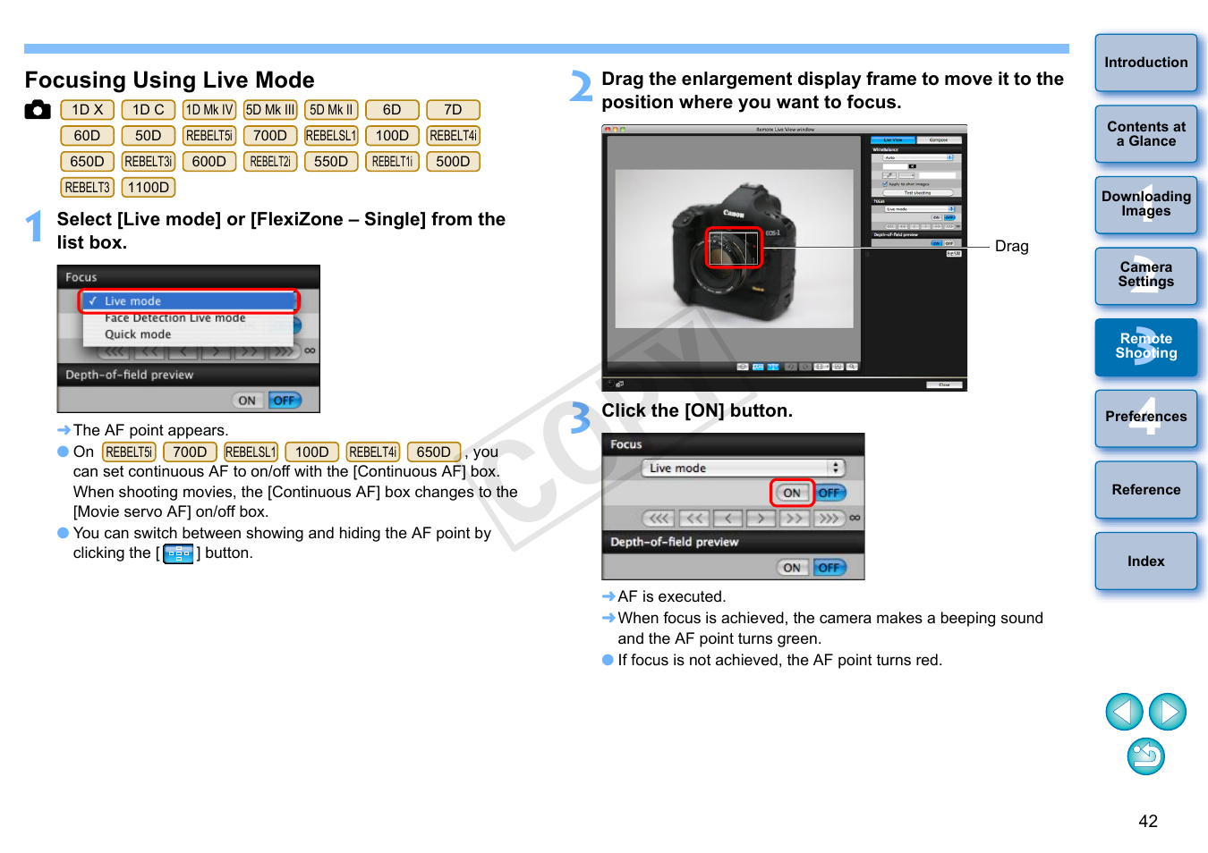 Focusing using live mode, Cop y | Canon EOS Rebel SL1 18-55mm IS STM Lens Kit User Manual | Page 43 / 109