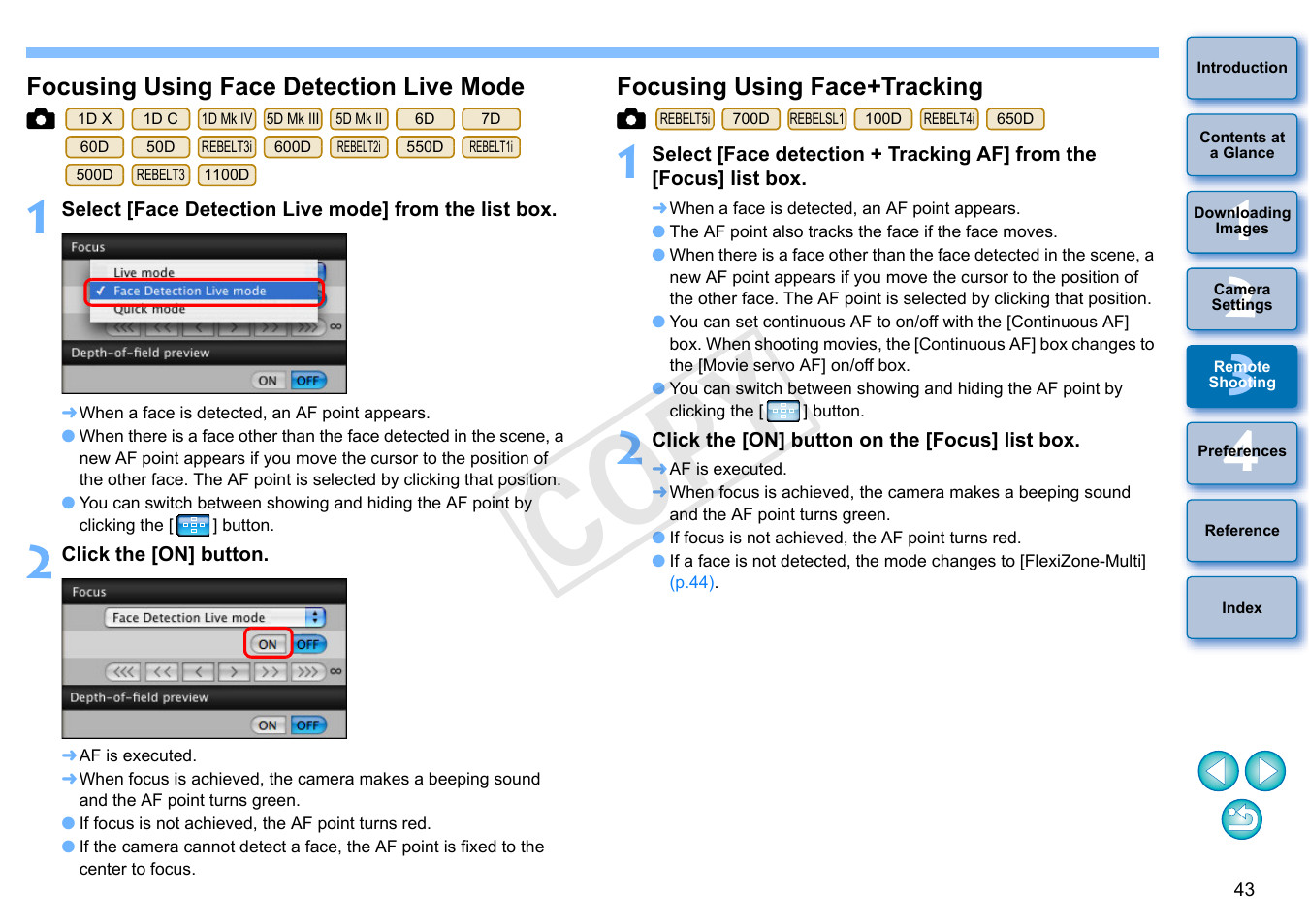 Focusing using face detection live mode, Focusing using face+tracking, Cop y | Canon EOS Rebel SL1 18-55mm IS STM Lens Kit User Manual | Page 44 / 109