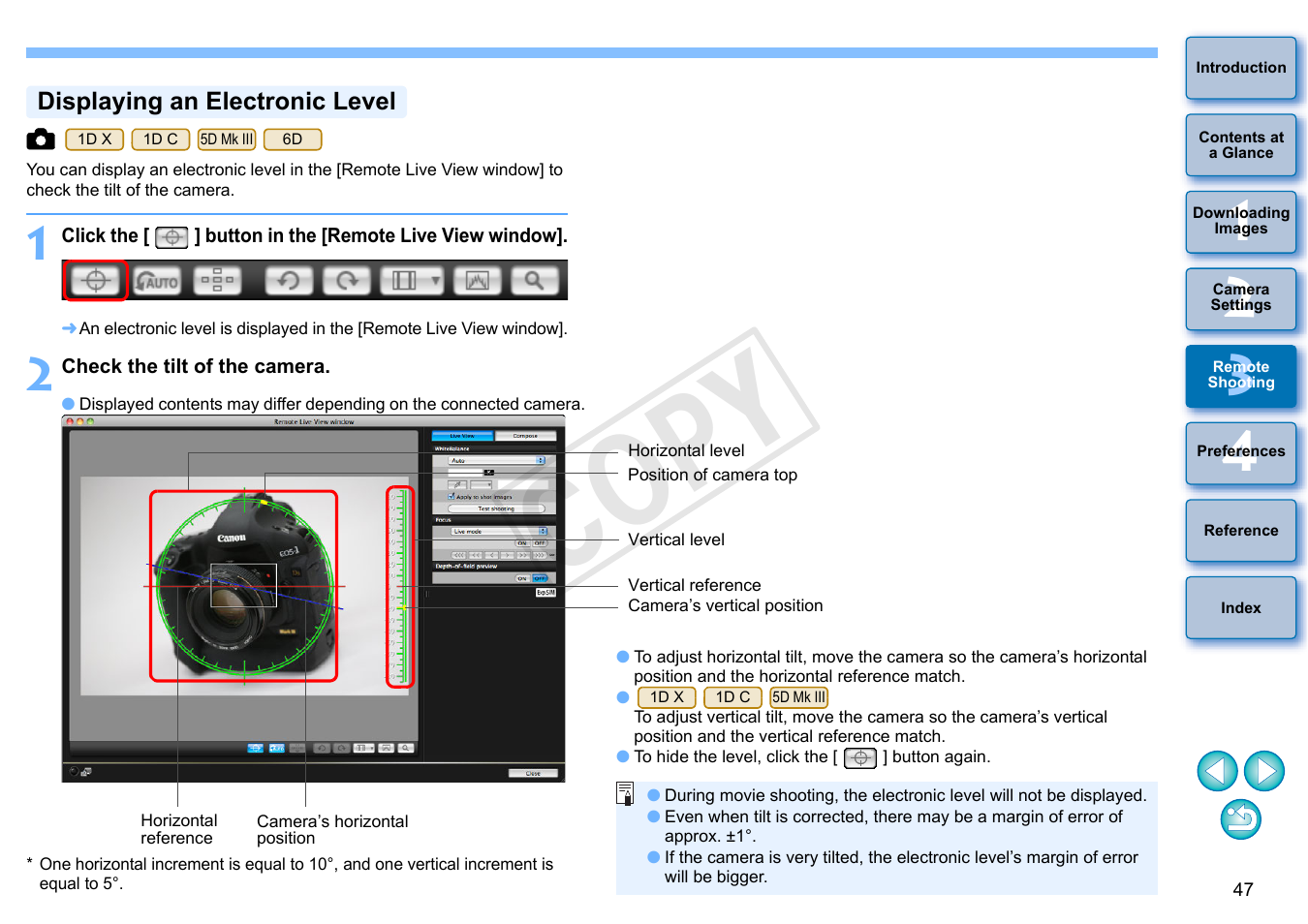 P.47, Displaying an electronic level, Cop y | Canon EOS Rebel SL1 18-55mm IS STM Lens Kit User Manual | Page 48 / 109
