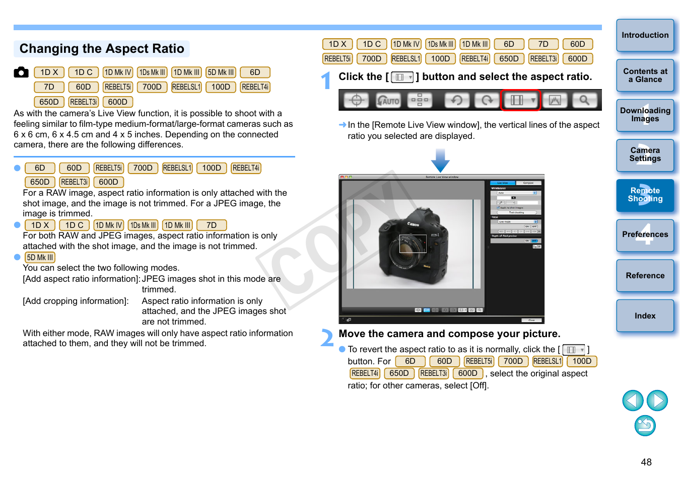 P.48, Changing the aspect ratio, Cop y | Canon EOS Rebel SL1 18-55mm IS STM Lens Kit User Manual | Page 49 / 109