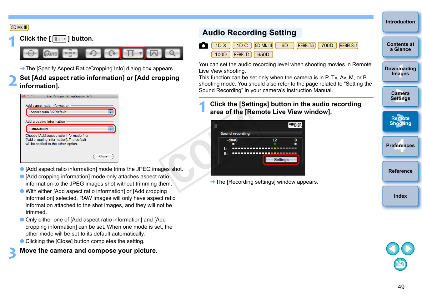 Audio recording setting, Cop y | Canon EOS Rebel SL1 18-55mm IS STM Lens Kit User Manual | Page 50 / 109