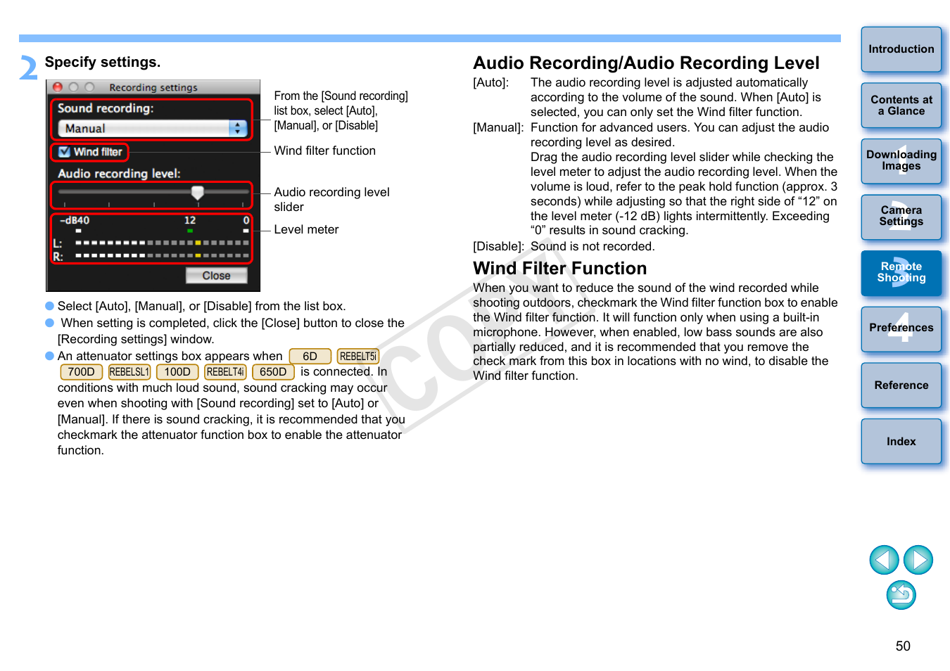 Audio recording/audio recording level, Wind filter function, Cop y | Canon EOS Rebel SL1 18-55mm IS STM Lens Kit User Manual | Page 51 / 109