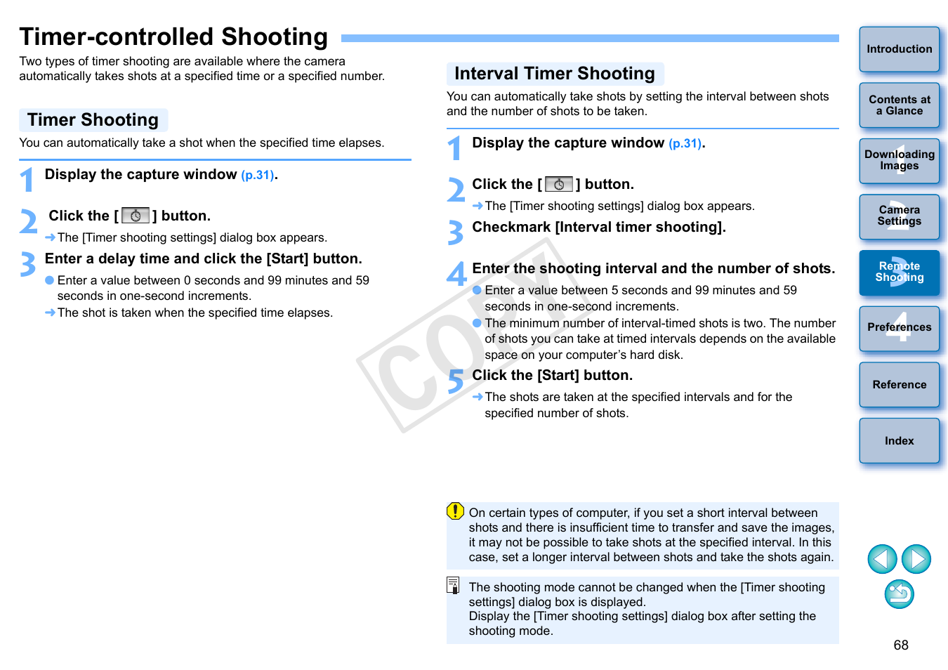 Timer-controlled shooting, P.68, Timer shooting | Interval timer shooting, Cop y | Canon EOS Rebel SL1 18-55mm IS STM Lens Kit User Manual | Page 69 / 109