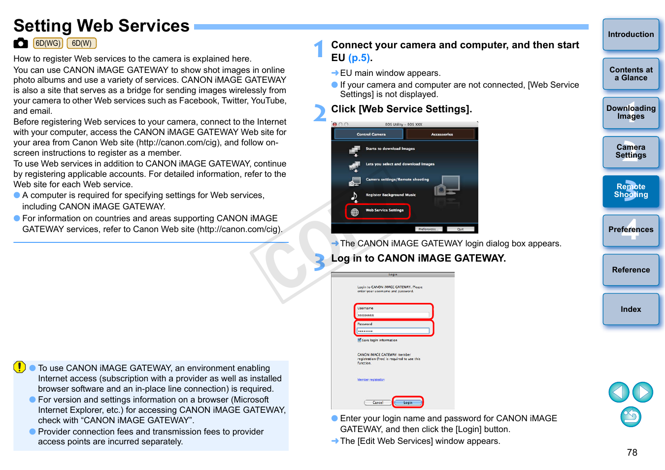 Setting web services, P.78, Cop y | Canon EOS Rebel SL1 18-55mm IS STM Lens Kit User Manual | Page 79 / 109